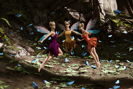 3d rendering of a fairies flying in magical forest surrounded by flock butterfliesの写真素材