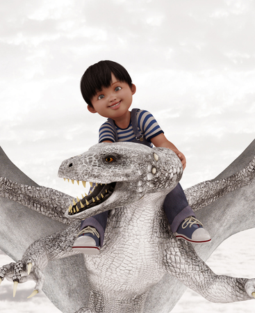 boy riding the dragon,3d illustrationの写真素材