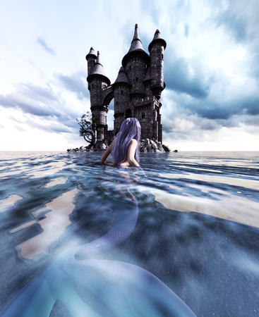 3d Fantasy mermaid in mythical sea,Fantasy fairy tale of a sea nymph,3d illustration for book cover or book illustrationの写真素材
