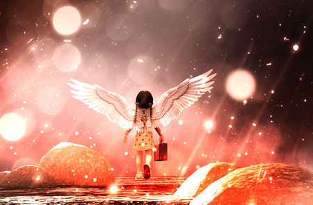 Little angel's adventure in starry night,3d illustration conceptual backgroundの写真素材
