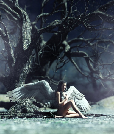 An angel in mystical forest,3d illustration for book illustration or book coverの写真素材