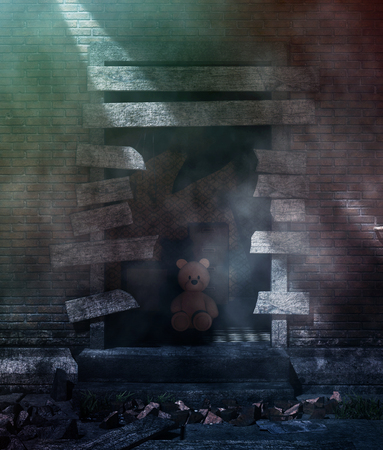 Bear doll sitting in the broken wall,3d illustrationの写真素材