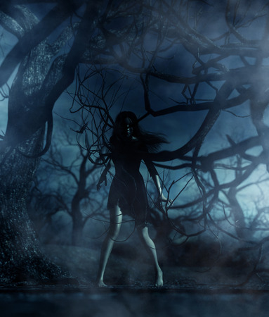 Ghost woman in the woods,3d illustration for book illustration or book coverの写真素材