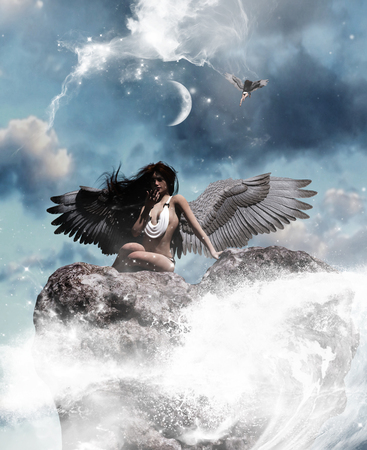 3d illustration of an Angel in heaven land,Mixed media for book illustration or book coverの写真素材