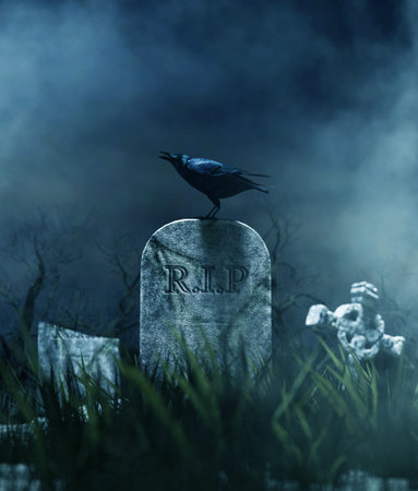 Crow on a gravestone in halloween night,3d illustration