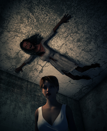 3d illustration of a girl lost in haunted house and ghost woman crawling on the ceilingの写真素材
