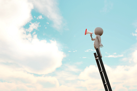 3d illustration of 3d stick man climbing stair and using loudspeaker to announce his successの写真素材