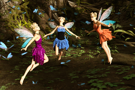 3d rendering of a fairies flying in magical forest surrounded by flock butterfliesの写真素材