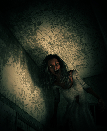 3d illustration of ghost woman in haunted houseの写真素材