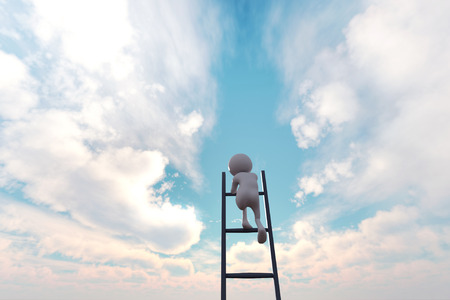3d illustration of 3d stick man climbing stair to the sky for pursuit his dreamの写真素材