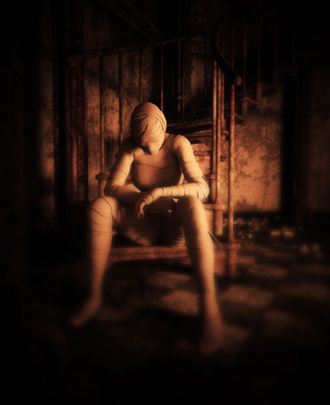 Halloween mummy in haunted house or woman with bandages on her in abandoned building,3d illustrationの写真素材