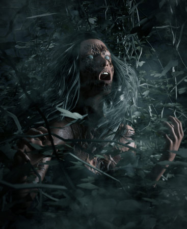 3d illustration portrait of scary ghost woman in woods vine,Horror image,Ghost image concept and...