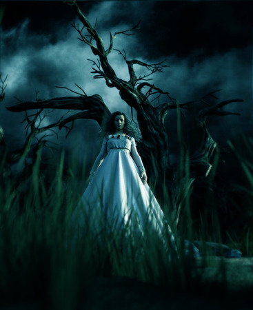 Ghost woman in white dress in Creepy forest,3d illustrationの写真素材