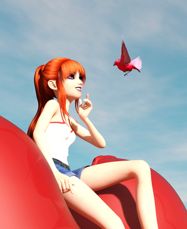 Girl sitting on red heart balloon and looking at a bird,3d illustrationの写真素材