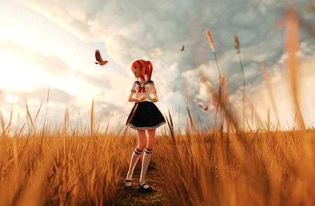 Bird's song,3d illustration of a happy schoolgirl walking alone in grass field surrounded by a birdsの写真素材
