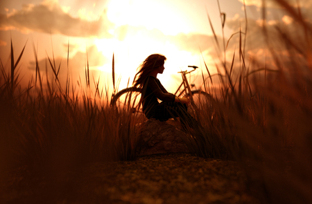 3d illustration of a girl sitting alone in grass fieldの写真素材