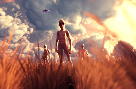 An aliens in grass field,3D illustration concept backgroundの写真素材