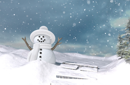Snowman in winter landscape for christmas,3d illustrationの写真素材