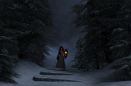 Winter's forest story,Young woman in hooded cloak with lantern in winter forest,3d illustrationの写真素材