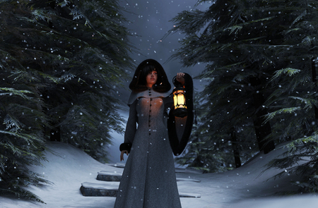 Winter's forest story,Young woman in hooded cloak with lantern in winter forest,3d illustrationの写真素材