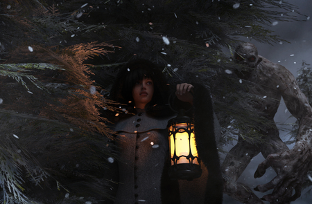 3d illustration of the girl hiding in pine forest in winter night as she try to escape from a monster,mixed mediaの写真素材