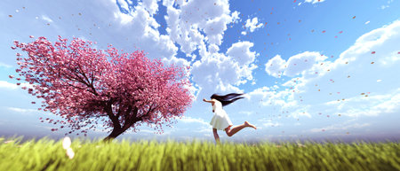 girl running on the field to sakura tree flower,concept for lifestyles freedom,3d renderingの写真素材