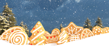 Christmas cookie on snow decorated for holidays season,3d renderingの写真素材