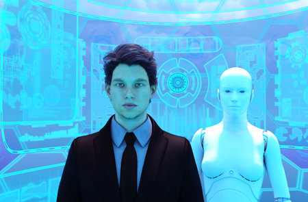 Artificial intelligence,3d illustration of business person and robot in virtual reality
