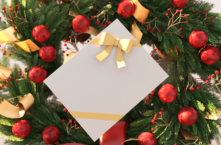 Gift box on Christmas wreath decorated holidays season,3d renderingの写真素材