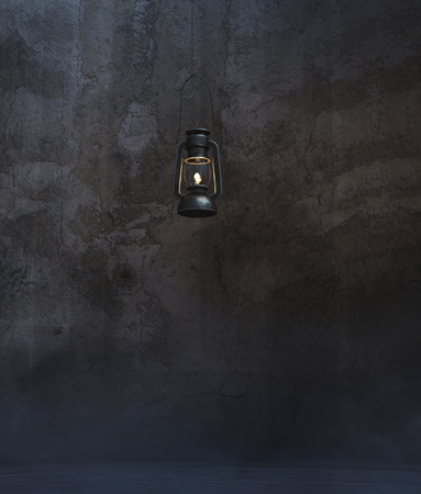 Retro lantern hanging in a dark room or asylum,3d renderingの写真素材