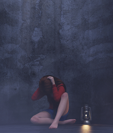 Stress girl sitting alone in a dark room or asylum,3d renderingの写真素材
