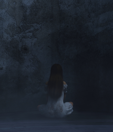 Woman sitting in a dark room,3d renderingの写真素材