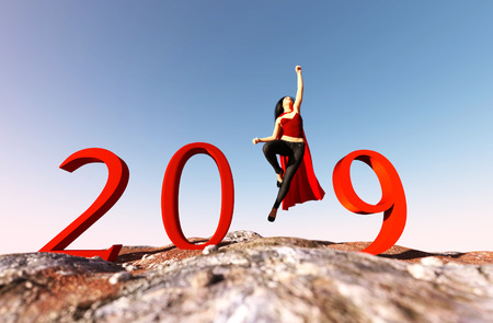 New year,New you,Girl wearing red cloak and flying up to the sky,3d renderingの写真素材