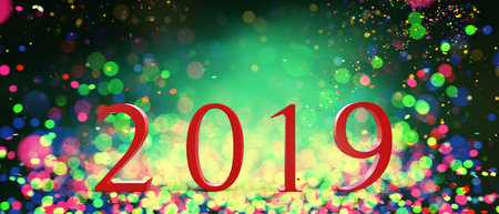 2019 happy new year number on colorful blurred lights background,3d illustrationの写真素材