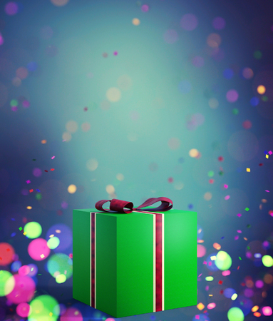 Green gift box decorated on colorful blurred lights background,3d illustrationの写真素材