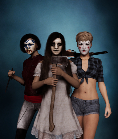 Sister of Clowns,Portrait of a killer clowns women with weapon,3d renderingの写真素材