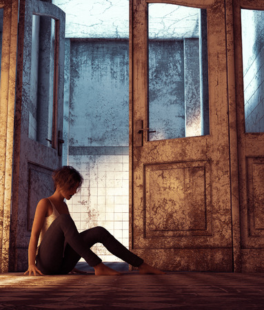 Girl being lost in abandoned building,3d illustrationの写真素材