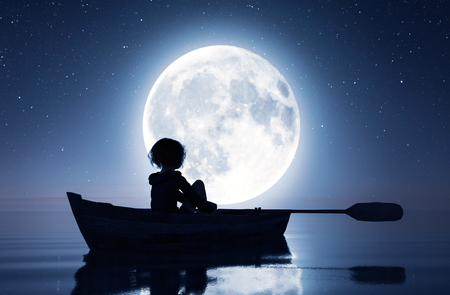 Girl on row boat on the sea under the moonlight,3d renderingの写真素材