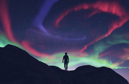 Man walking to the southern lights,3d renderingの写真素材