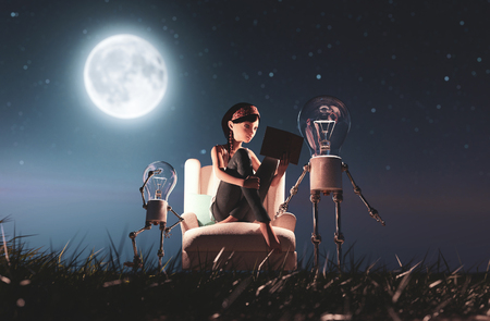 Light bulb robot giving a light to the girl who reading a book in starry night conceptual background,3d renderingの写真素材