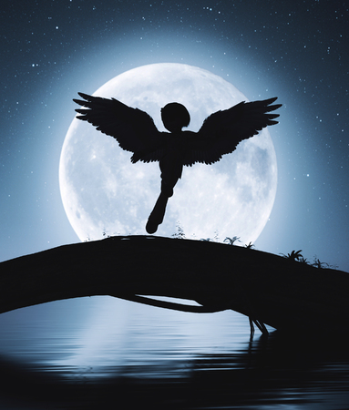 Little girl dreaming herself as an angel jumping on a tree trunk,3d renderingの写真素材