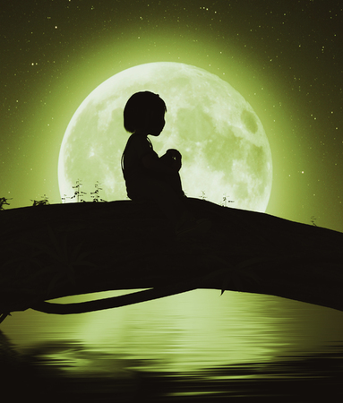 Girl sitting alone on a tree trunk under the moon light,3d renderingの写真素材