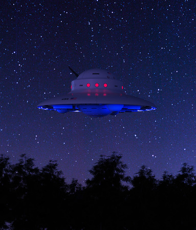 Ufo saucer above the forest at night,3d renderingの写真素材