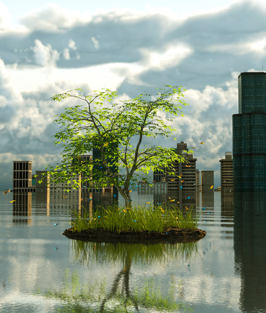Flooding cityscape with the Last tree on earth,3d renderingの写真素材