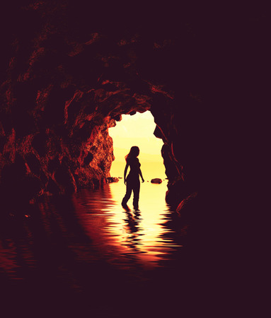 Woman walking to the entrance of the cave,3d illustrationの写真素材
