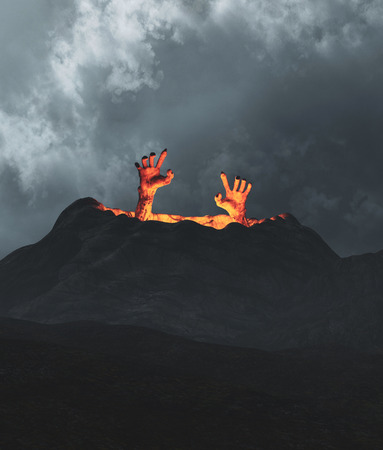 Hands of an Undead coming out from crater,3d illustrationの写真素材