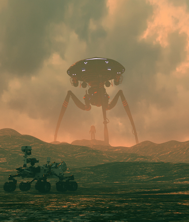 Astronaut looking to a giant alien ship,3d illustrationの写真素材