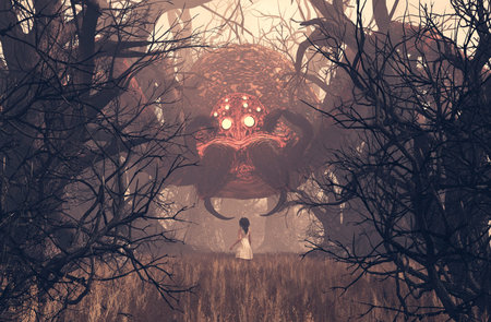 Girl looking at giant spider in creepy forest,3d rendering