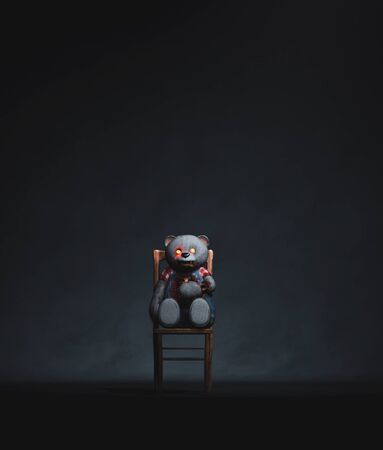 Scary toy bear sitting on the chair,3d renderingの写真素材