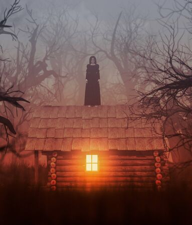 Ghost woman in black standing on the roof of a cabin in creepy forest,3d renderingの写真素材